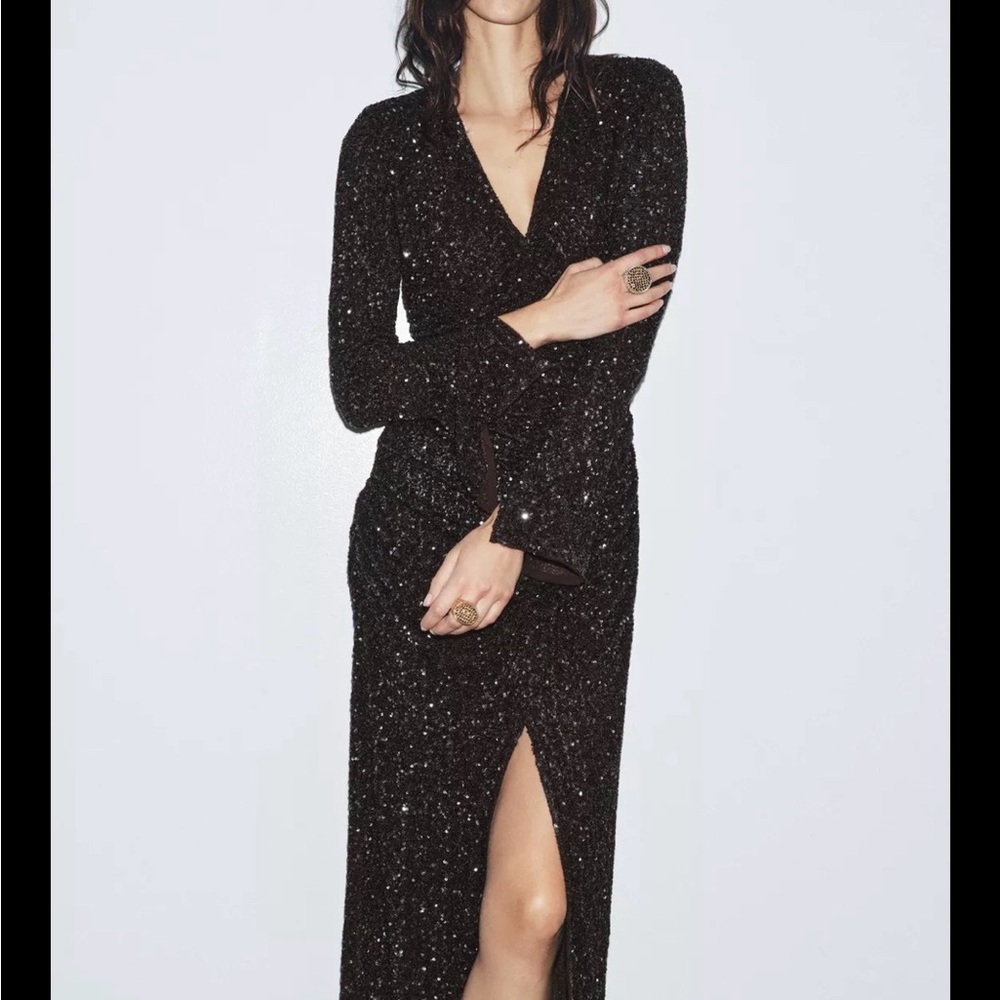 Zara Shoulder Pad Brown Sequin Dress Medium